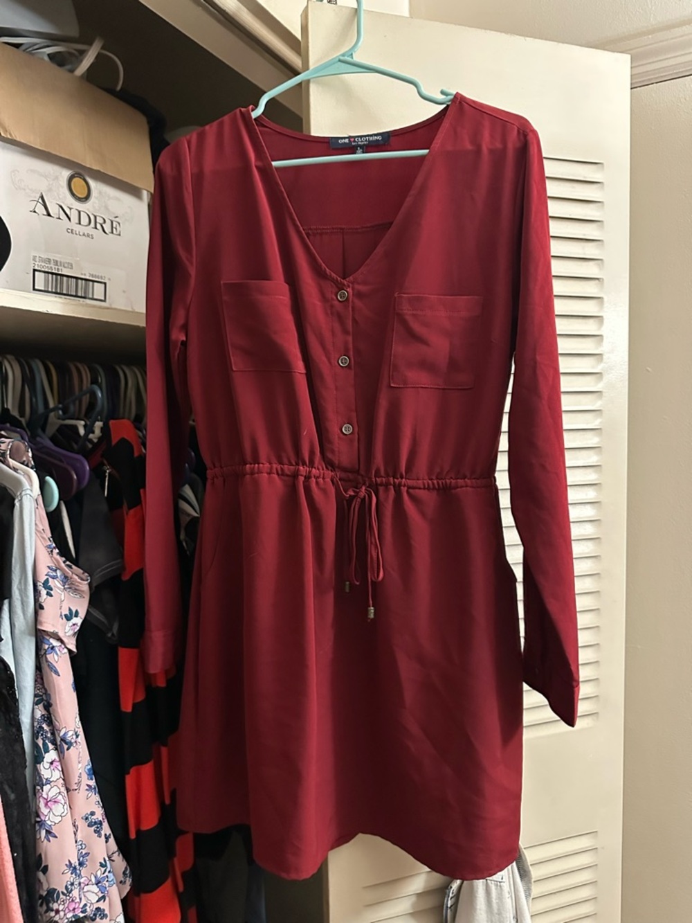 One Clothing Burgundy Long-Sleeve Drawstring Waist Dress